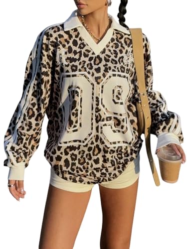 SOLY HUX Damen Sweatshirt Loose Pullover Leopardenmuster Y2K Langarmshirt Pulli Langarm Oberteil Streatwear Herbst Outfit Leoparden S von SOLY HUX