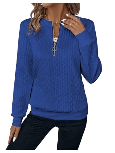 SOLY HUX Damen Sweatshirt Rundhals Pullover mit Zopfmuster Langarm Oberteile Casual Herbst Oberteil mit Reißverschluss Blau S von SOLY HUX