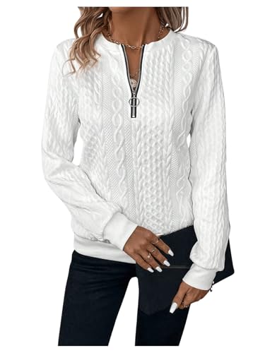 SOLY HUX Damen Sweatshirt Rundhals Pullover mit Zopfmuster Langarm Oberteile Casual Herbst Oberteil mit Reißverschluss Weiß M von SOLY HUX