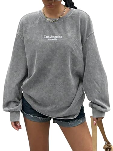 SOLY HUX Damen Sweatshirt Vintage Lockere Langarm Shirt Rundhals Grafik Pullover Casual Oberteile Herbst Winter Pulli Outfit Hellgrau M von SOLY HUX