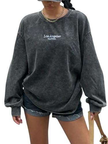 SOLY HUX Damen Sweatshirt Vintage Lockere Langarm Shirt Rundhals Grafik Pullover Casual Oberteile Herbst Winter Pulli Outfit Schwarz M von SOLY HUX