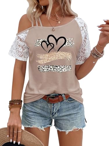 SOLY HUX Damen T-Shirt Asymmetrisch Sommershirt mit Spitze Office Casualshirt Herz Muster Kurzarm Oberteile Locker Leoprint Träger Freizeitshirt Khaki M von SOLY HUX