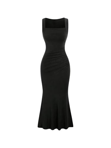 SOLY HUX Damen Tank Kleid Lang Fishtail Kleid mit Rüschen Bleistiftkleid Ärmellos Freizeitkleid mit Eckigem Ausschnitt Schwarz S von SOLY HUX