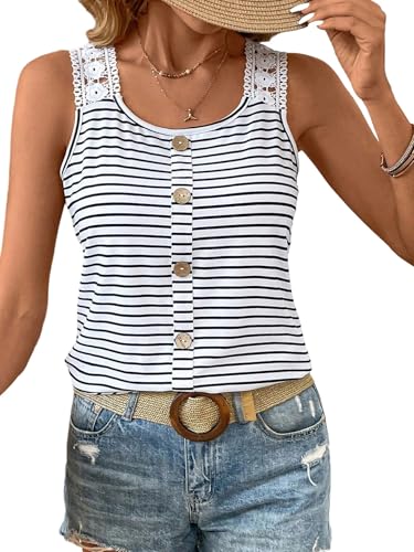 SOLY HUX Damen Top Gestreiftes Sommertop Ärmellose Oberteile mit Spitze U Ausschnitt Tanktops Casual Freizeittop Locker Sommershirts Schwarz und Weiß XL von SOLY HUX