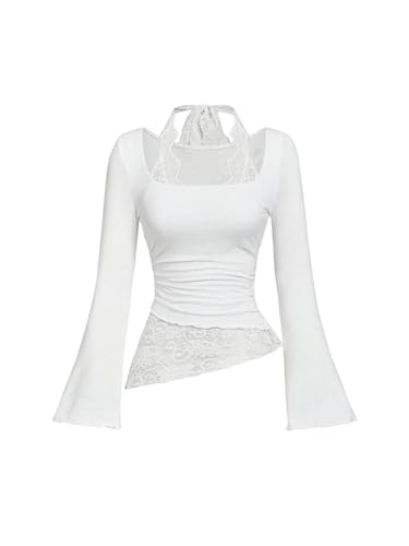 SOLY HUX Damen Top Langarm Elegant Neckholder Spitzenshirt Elegant Oberteil Freizeitshirt Lässig Casualshirt Schmal Langarmshirt Herbst Outfit Weiß L von SOLY HUX
