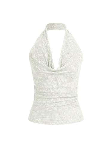 SOLY HUX Damen Top Neckholder Partytop Rückenfreies Sommertop Schulterfreies Tops Ärmellose Oberteile Drapiert Trägertop Elegant Festivaltop Freizeittop Weiß XL von SOLY HUX