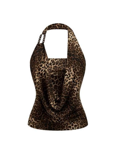 SOLY HUX Damen Top Neckholder Tops Leopardenmuster Oberteile Y2K Drapiert Sommertop mit Ketten Rückenfreies Trägertop Ärmelloses Partytop Freizeittop Leo XL von SOLY HUX