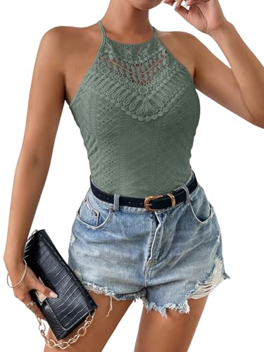SOLY HUX Damen Top Stickerei Sommetop Ärmelloses Oberteil Neckholder Tops Böhmisch Camitop mit Spitze Freizeittop Cutout Spitzentop Grün XS von SOLY HUX