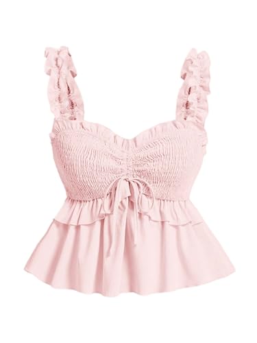 SOLY HUX Damen Tops Camisole Top Rüschensaum Trägertops Breite Träger Oberteile Sommertop Boho-Top Freizeittop Casualtop Strandoutfit Rosa M von SOLY HUX