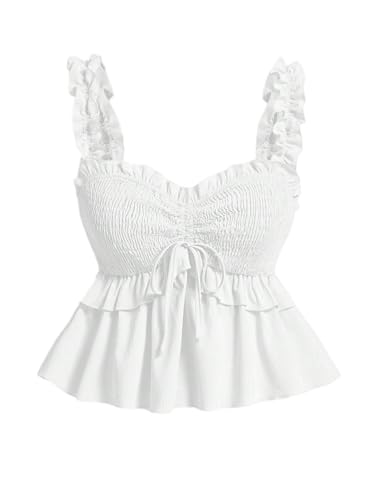 SOLY HUX Damen Tops Camisole Top Rüschensaum Trägertops Breite Träger Oberteile Sommertop Boho-Top Freizeittop Casualtop Strandoutfit Weiß M von SOLY HUX