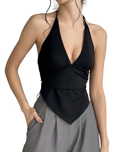 SOLY HUX Damen Tops Neckholder Top Tiefer V Ausschnitt Oberteile Ärmelloses Sommertop Rückenfreies Trägertop Elegant Freizeittop Geraffte Partytop Schwarz L von SOLY HUX