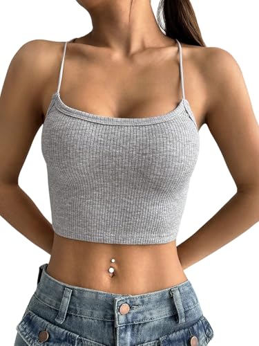 SOLY HUX Damen Tops Sommer Rückenfreies Top Kreuzgurt Spaghettiträger Sommertop Trägertop Ärmelloses Oberteil Bauchfreies Partytop Freizeittop Festivaltop Grau L von SOLY HUX