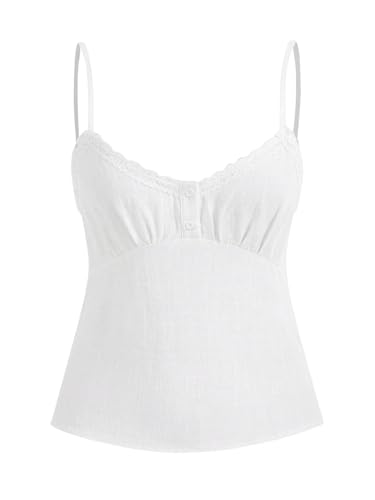 SOLY HUX Damen Tops Sommer Spaghettiträger Top mit Spitzen Rückenfreies Sommertop Camisole Oberteil Einfarbig Untertop Trägertop Weiß XS von SOLY HUX
