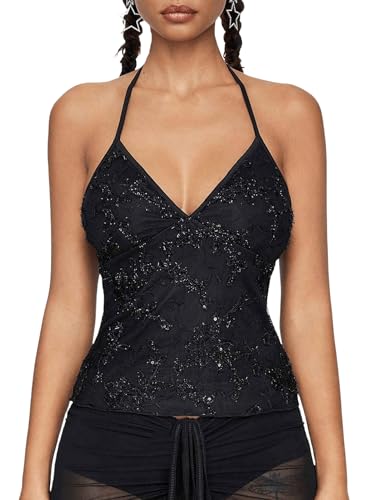 SOLY HUX Damen Träger Top Sommer Pailletten Tops Y2K Camisole Sommertop Rückenfrei Oberteile Schulterfrei Neckholder Crop Top mit V Ausschnitt Schwarz XS von SOLY HUX