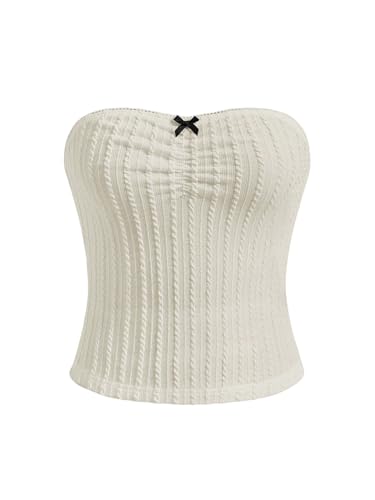 SOLY HUX Damen Trägerlos Top Schulterfrei Oberteile Y2K Tube Tops Sommer Ärmellos Bandeau Casualtop Partytop Sommertop mit Schleife Beige S von SOLY HUX