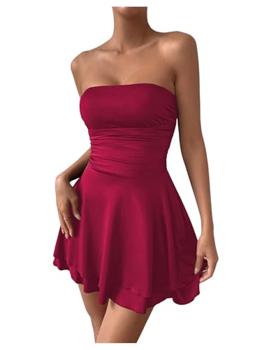 SOLY HUX Damen Trägerloses Kleid A Linie Kurz Kleid Ärmellos Skaterkleid Minikleid Partykleid Freizeitkleid Bordeaux XS von SOLY HUX