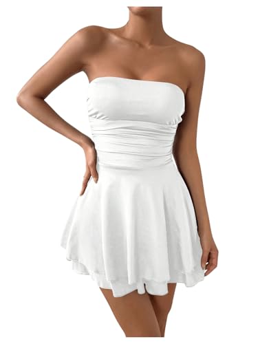 SOLY HUX Damen Trägerloses Kleid A Linie Kurz Kleid Ärmellos Skaterkleid Minikleid Partykleid Freizeitkleid Weiß L von SOLY HUX