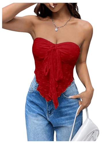SOLY HUX Damen Trägerloss Top Bandeau Tops Tube Top Y2K Ärmelos Oberteile Schulterfrei Sommer Tops mit Knoten Rot L von SOLY HUX