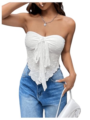 SOLY HUX Damen Trägerloss Top Bandeau Tops Tube Top Y2K Ärmelos Oberteile Schulterfrei Sommer Tops mit Knoten Weiß XS von SOLY HUX