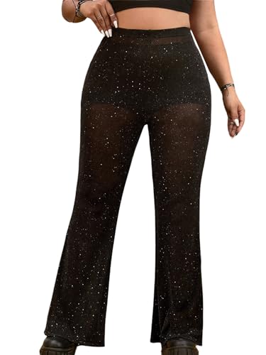 SOLY HUX Damen Transparent Mesh Hose Y2K Glitzer Schlaghose Rave Party Festival Outfit Hosen Tanzhose Techno Outfit Schwarz 2XL von SOLY HUX