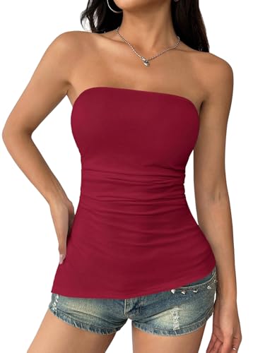 SOLY HUX Damen Tube Top Elegant Sommertops Y2K Crop Top mit Schlitz Oberteile Trägerlos Tops Asymmetrisch Bandeau Sommer Schulterefrei Top Bordeaux XS von SOLY HUX