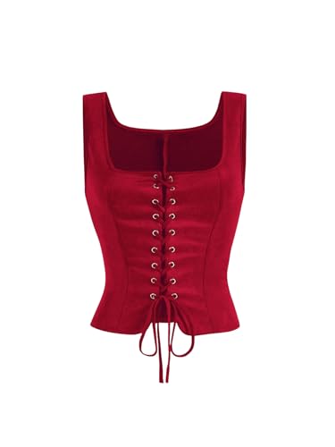 SOLY HUX Damen Vintage Weste Ärmellos Westen Kurz Jacke mit Schnürung Vorne Retro-Weste Strechy Oberteil Sommer Streetwear Rot L von SOLY HUX