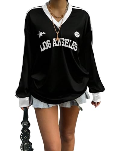 SOLY HUX Damen Y2K Langarm Shirt Jersey Oberteil Casual Sportshirt BF Langarmtop mit Buchstaben V Ausschnitt Herbst Outfit Freizeitshirt Schwarz und Weiß S von SOLY HUX