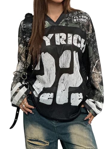 SOLY HUX Damen Y2K Langarm Tops Jersey Oberteil Casual Sportshirt BF Freizeitshirt mit Buchstaben Langarmshirt V Ausschnitt Herbst Outfit Schwarz M von SOLY HUX