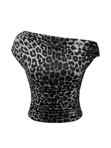SOLY HUX Damen Y2K Leoparden Oberteil Sommer T-Shirt Fledermausärmel Oberteile Schulterfreies Top Blusenshirt Asymmetrische Freizeittop Sommershirt Grau XL von SOLY HUX
