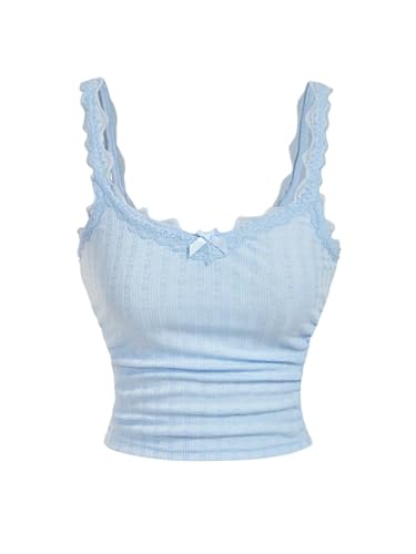 SOLY HUX Damen Y2K Spaghettiträger Tops mit Spitze Cami-Top Schleifen Ärmellose Oberteile Bauchfreies Trägertop Rückenfreies Sommertop Freizeittop Casualtop Hellblau M von SOLY HUX