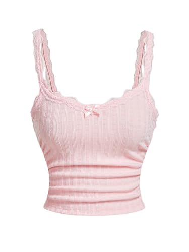 SOLY HUX Damen Y2K Spaghettiträger Tops mit Spitze Cami-Top Schleifen Ärmellose Oberteile Bauchfreies Trägertop Rückenfreies Sommertop Freizeittop Casualtop Rosa S von SOLY HUX