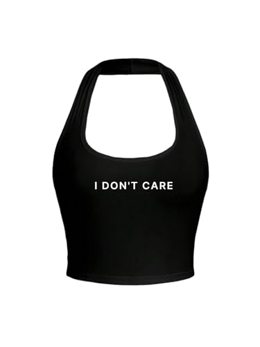 SOLY HUX Damen Y2K Top Neckholder Trägertop Rückenfreie Crop-Top mit Sloganmuster Ärmellos Oberteile Sommer Bauchfreies Sommertop Freizeittop Schwarz L von SOLY HUX