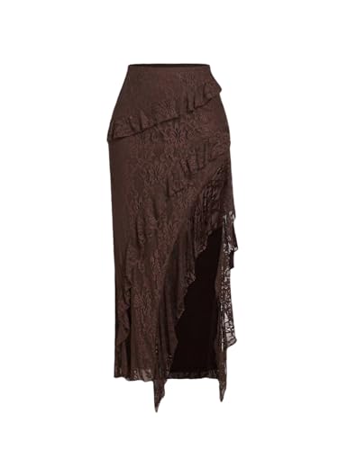 SOLY HUX Festival Outfit Damen Rock Elegant Spitze Rock Y2K Gothic Partyrock mit Schlitz Figurbetont Midirock Hohe Taille Freizeitrock Tanzrock Braun M von SOLY HUX