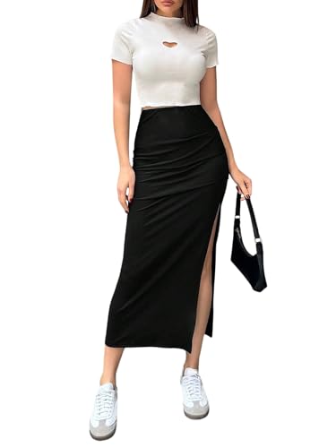 SOLY HUX Figurbetont Rock Damen Elegant Lang Bleistiftrock mit Schlitz Hoch Taille Freizeitrock Partyrock Herbst Abendrock Festival Outfit Schwarz M von SOLY HUX