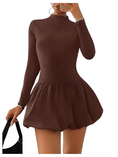 SOLY HUX Figurbetontes Kleid Damen Minikleid Elegant Bleistiftkleid A Linie mit Blumensaum Slim Kurzkleid Partykleid Tanzkleid Langarm Kleider Braun L von SOLY HUX
