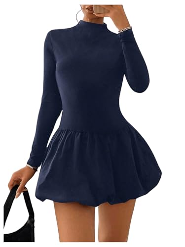 SOLY HUX Figurbetontes Kleid Damen Minikleid Elegant Bleistiftkleid A Linie mit Blumensaum Slim Kurzkleid Partykleid Tanzkleid Langarm Kleider Dunkelblau XS von SOLY HUX