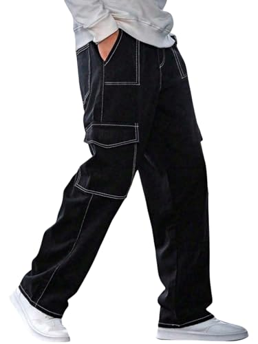 SOLY HUX Herren Baggy Cargohose Freizeithose mit Taschen Weites Bein Sweathose mit Kordelzug Sporthose Casualhose Herbst Straßer Outfit Schwarz L von SOLY HUX