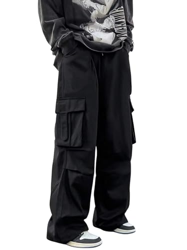 SOLY HUX Herren Cargohose Baggy Cargo Hose mit Taschen Weitem Bein Hosen Lange Freizeithose Einfarbig Streatwear Sweathose Schwarz S von SOLY HUX