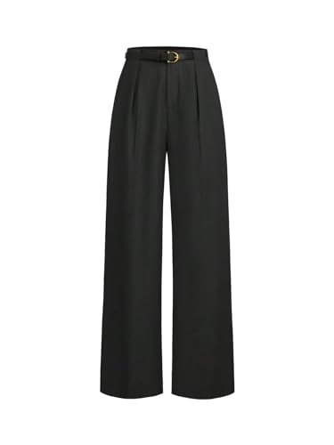 SOLY HUX Hosen Damen Elegant Anzughose Hohe Taille Büro Freizeithose Geradehose mit Gürtel Einfarbig Palazzo Casualhose Herbst Outfit Schwarz XL von SOLY HUX