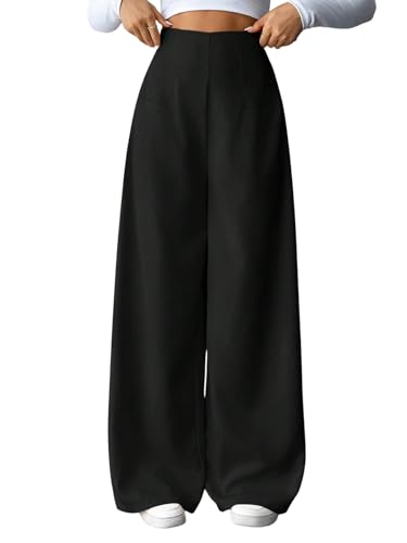 SOLY HUX Hosen Damen Elegant Palazzo Hose Hohe Taille Freizeithose Locker Anzughose Stoffhose Weite Bein Büro Casualhose Herbst Outfit Schwarz L von SOLY HUX