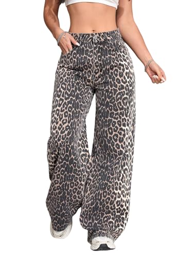 SOLY HUX Jeanshosen Damen Denim Hose Hohe Taille Weiter Jeans mit Leopardenmuster Y2K Cargohose Geradehose Freizeithose Streatwear Leoparden XL von SOLY HUX