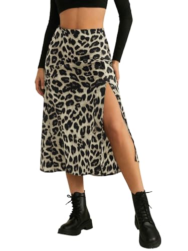 SOLY HUX Leoparden Rock Damen Elegant Midirock mit Schlitz A-Linie Röcke Leorock Freizeitrock Partyrock Causalrock Herbst Outfit Schwarz S von SOLY HUX