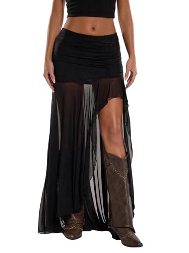 SOLY HUX Maxirock Damen Elegant Mesh Rock mit Schlitz Transparent 2 In 1 Partyrock Durchsichtiger Netzstoff Röcke Party Festival Outfit Schwarz L von SOLY HUX