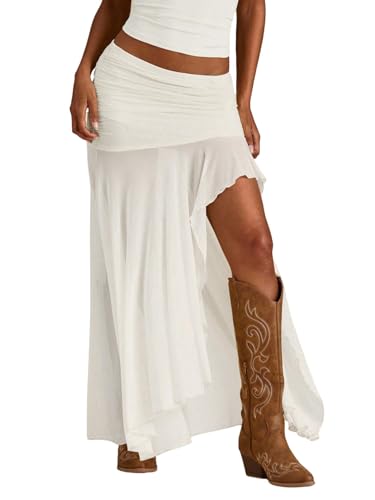 SOLY HUX Maxirock Damen Elegant Mesh Rock mit Schlitz Transparent 2 In 1 Partyrock Durchsichtiger Netzstoff Röcke Party Festival Outfit Weiß M von SOLY HUX