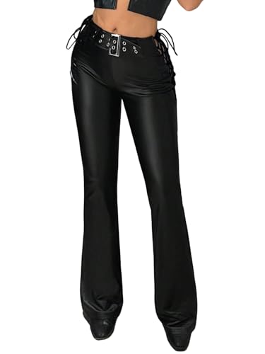 SOLY HUX PU Leder Hosen Damen Y2k Kunstlederhose Schlaghosen Rave Freizeithose mit Knoten Niedriger Taille Partyhose mit Gütel Festival Outfit Schwarz S von SOLY HUX