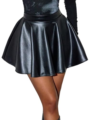 SOLY HUX PU Leder Rock Damen Y2K Skater Rock A Linie Kurz Minirock Hohe Bund Faltenrock Rave Party Festival Outfit Clubröcke Schwarz XL von SOLY HUX
