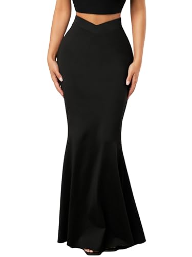 SOLY HUX Rock Damen Elegant Maxirock Bodycon Fischschwanz Röcke Hohe V Taille Figurbetonter Abendrock Urlaubrock Einfarbig Festival Outfit Schwarz XS von SOLY HUX