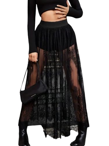 SOLY HUX Rock Damen Elegant Maxirock Hosenrock 2 in 1 Freizeitrock mit Short Durchsichtige Spitzen Y2K Party Festival Outfit Tanzrock Schwarz L von SOLY HUX