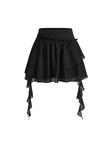 SOLY HUX Rock Damen Elegant Minirock Kurz Rock Partyrock mit Rüschen A Linie Freizeitröcke Y2K Faltenrock Hohe Taille Röcke Schwarz XS von SOLY HUX