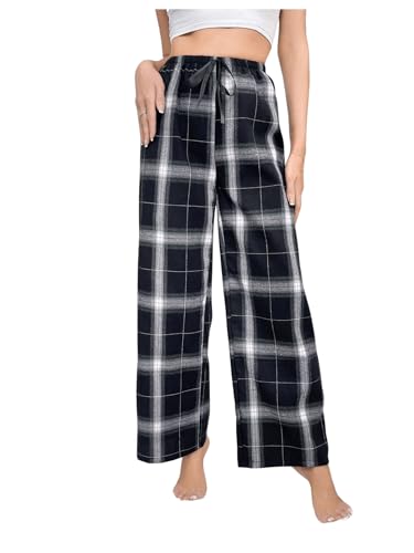 SOLY HUX Schlafhose Damen Pyjamahose Lang Karierte Schlafanzughose Freizeithose Haushose Lounge Unterteil mit Knoten Schwarz S von SOLY HUX
